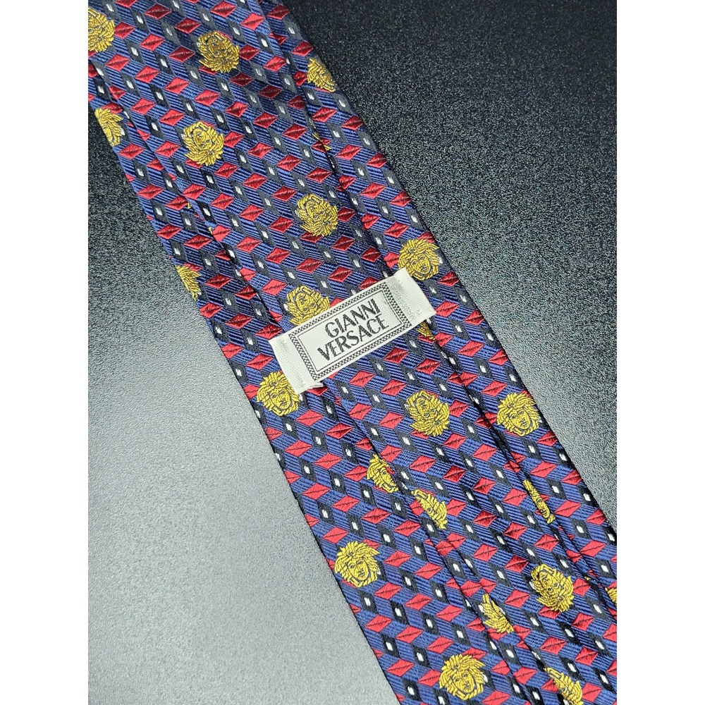 Gianni Versace Necktie Blue Red Geometric Medusa 100% Silk Good